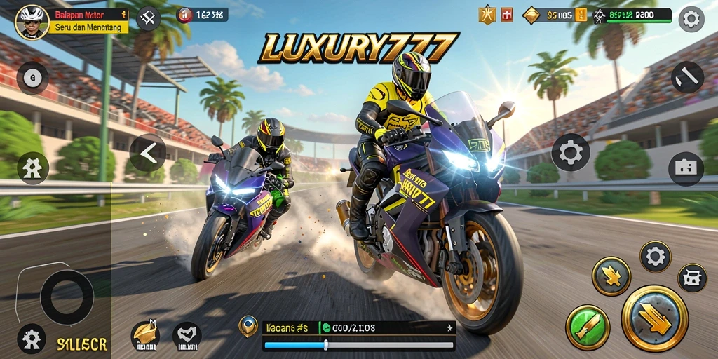 Gameplay LUXURY777 yang mendebarkan dengan balapan motor cepat.