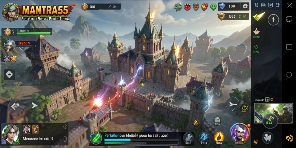 Tangkapan layar MANTRA55 menunjukkan pertarungan menegangkan dalam Tower Defense.