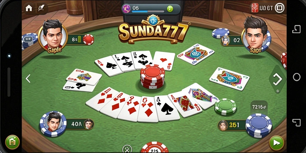 Screenshot gameplay SUNDA777 menampilkan suasana permainan Gaple yang menegangkan.